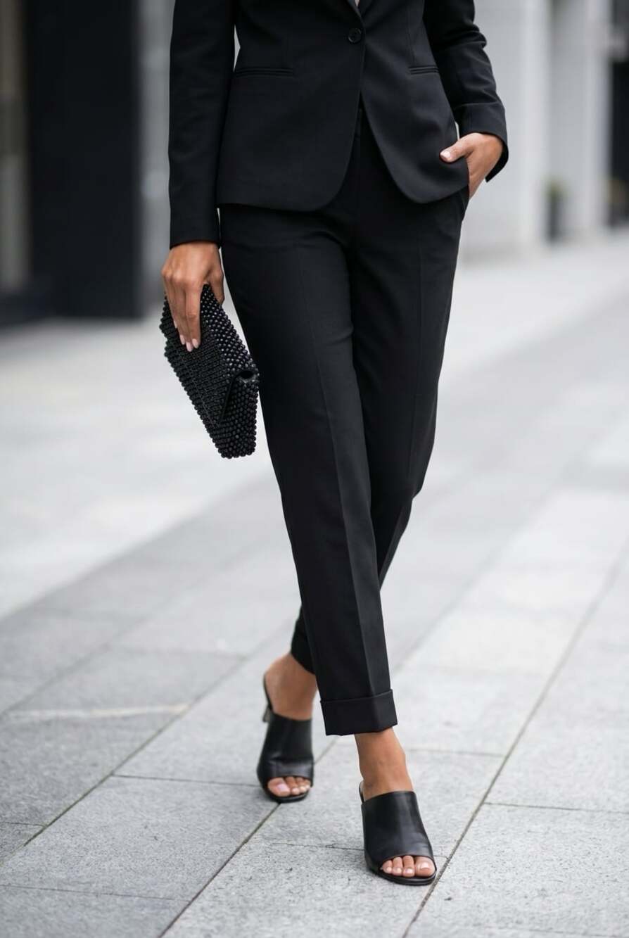 Theory Black Wool Blend Cuffed Straight Leg Trousers Size 8